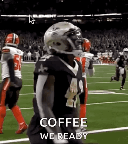 A Football Player Is Running On A Field With The Words `` Coffee We Ready '' Written On The Screen . GIF