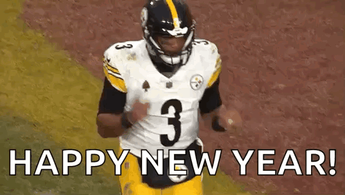 A Football Player Is Running On A Field With The Words `` Happy New Year '' . GIF