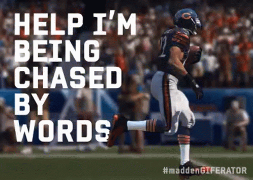 A Football Player Is Running On A Field With The Words Help I 'M Being Chased By Words . GIF