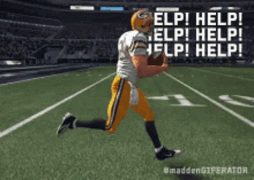 a football player is running on a field with the words help written on the bottom