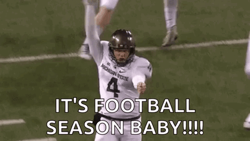 A Football Player Is Running On The Field With The Words `` It 'S Football Season Baby !!! '' GIF