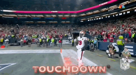 A Football Player Is Running On The Field With The Words Touchdown Written On The Bottom . GIF