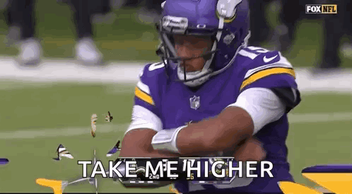 A Football Player Is Sitting On The Field With His Arms Crossed And The Words Take Me Higher Written Above Him . GIF
