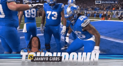 A Football Player Named Jahmyr Gibbs Is Kneeling Down On The Field GIF