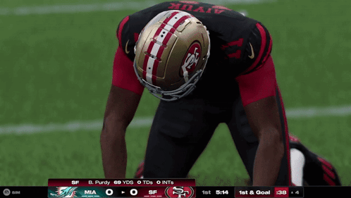 A Football Player Wearing A 49Ers Helmet Stands On A Field GIF