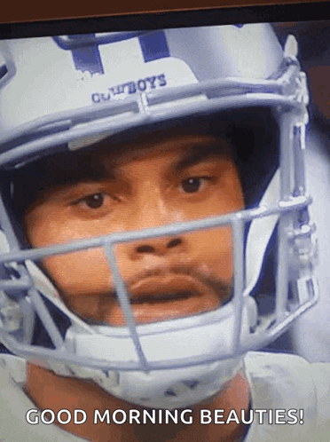 A Football Player Wearing A Cowboys Helmet Says " Good Morning Beauties " GIF