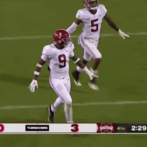 a football player wearing a number 9 jersey stands next to a player wearing a number 5 jersey .