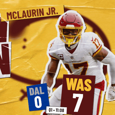 A Football Player With The Name Mclaurin Jr. On The Top Of His Head GIF