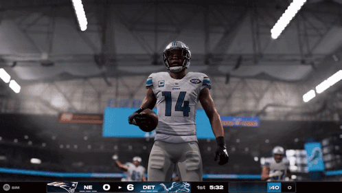 a football player with the number 14 on his jersey is holding a ball