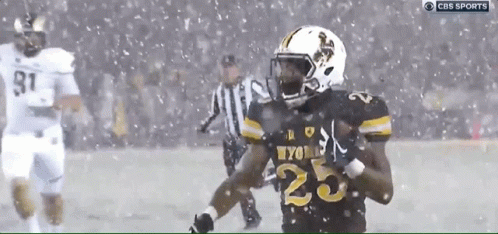 a football player with the number 25 on his jersey runs in the snow