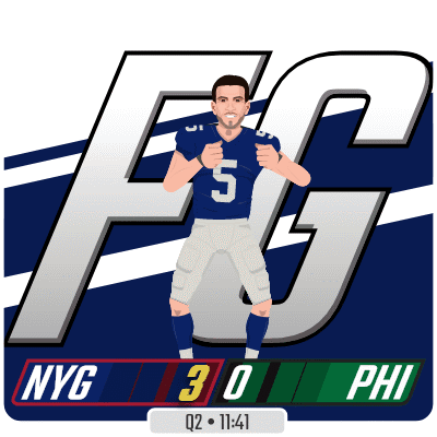 A Football Player With The Number 5 On His Jersey Stands In Front Of A Large Nyg Logo GIF