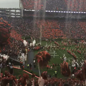 a football stadium with a marching band and cheerleaders on the field