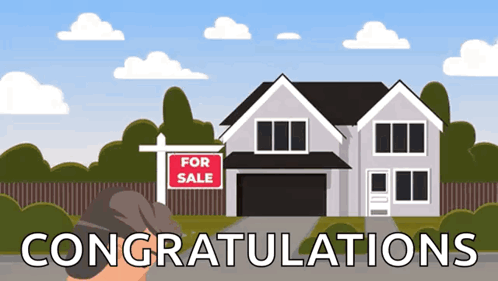 A For Sale Sign In Front Of A House With The Words Congratulations Below It GIF