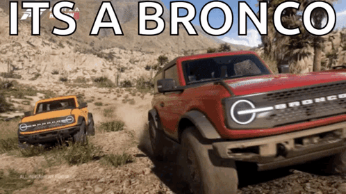 A Ford Bronco Is Driving Down A Dirt Road Next To Another Bronco GIF