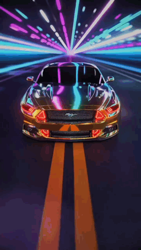 a ford mustang is driving down a road at night