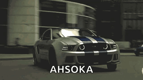a ford mustang with ahsoka written on the front