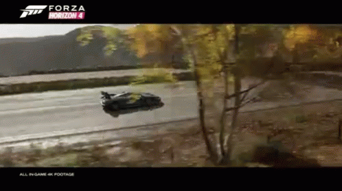 A Forza Horizon 4 Advertisement With A Car Flying Through The Air GIF