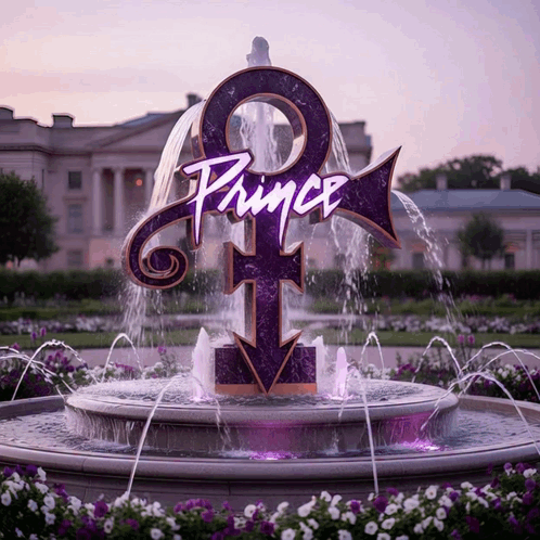 A Fountain With A Purple Prince Logo On It GIF