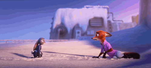 A Fox And A Rabbit Are Standing In The Snow GIF