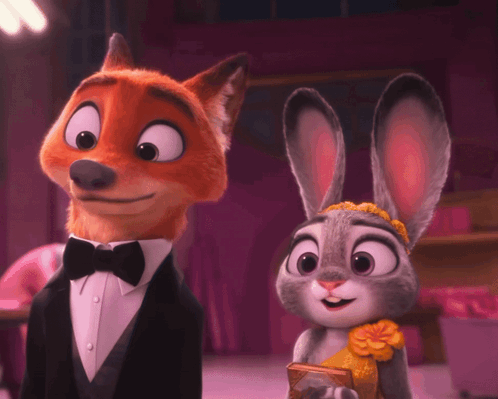 A Fox And A Rabbit Are Standing Next To Each Other And Smiling GIF