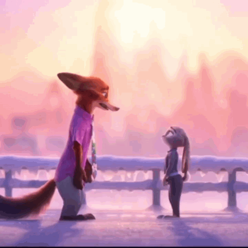 A Fox And A Rabbit Are Standing Next To Each Other On A Snowy Bridge . GIF
