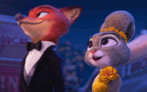 A Fox And A Rabbit Are Standing Next To Each Other GIF