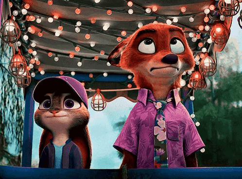 A Fox And A Rabbit Are Standing Next To Each Other Under A Canopy Of Lights GIF
