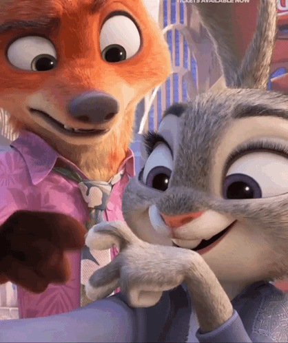 A Fox And A Rabbit Are Standing Next To Each Other With Tickets Available Now GIF