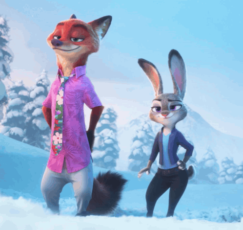 A Fox And A Rabbit Standing In The Snow GIF