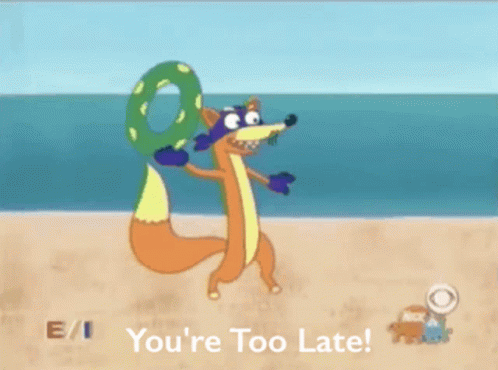 A Fox Holding A Life Preserver On A Beach With The Words You 'Re Too Late Below It GIF