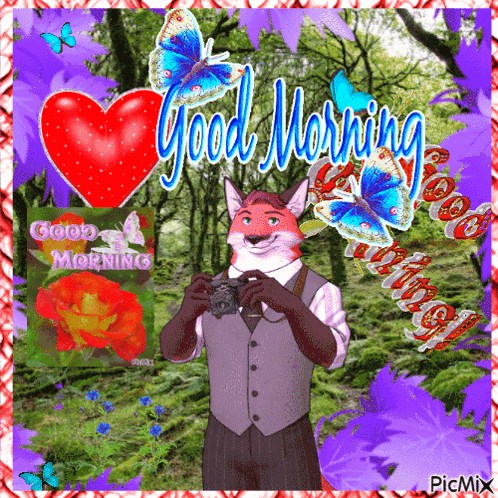 A Fox Is Holding A Camera In Front Of A Good Morning Sign GIF