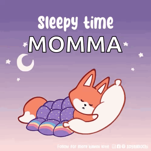 A Fox Is Sleeping On A Purple Blanket With The Words Sleepy Time Momma Above It GIF