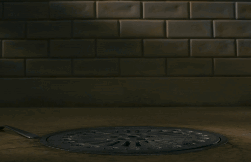 A Fox With A Fork And Knife Sticking Its Head Out Of A Manhole Cover GIF