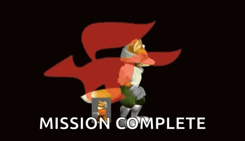 A Fox With A Red Cape Is Standing In Front Of An Arrow And The Words Mission Complete . GIF