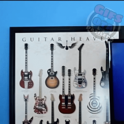 a framed guitar heaven poster with many different guitars