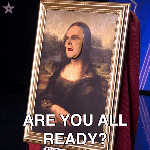A Framed Painting Of A Woman With A Mask On Her Face And The Words Are You All Ready Below It GIF