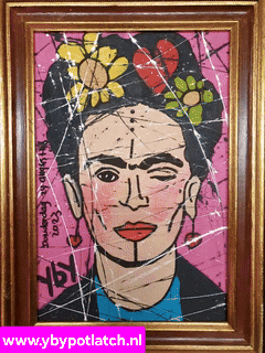 A Framed Painting Of Frida Kahlo With The Website Www.ybypotlatch.nl In The Corner GIF