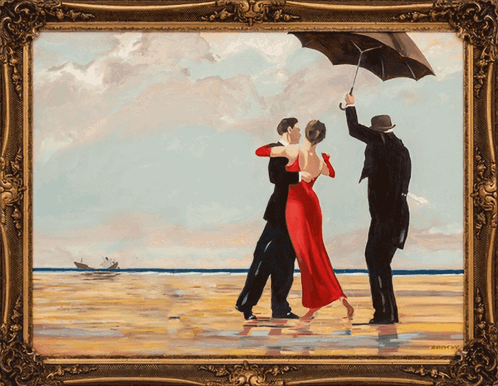 A Framed Painting Of Three People Dancing On The Beach GIF