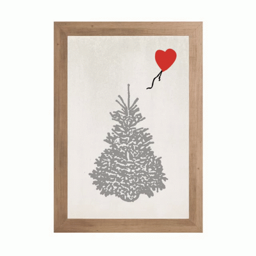 A Framed Picture Of A Christmas Tree With A Red Heart Balloon Hanging From It GIF
