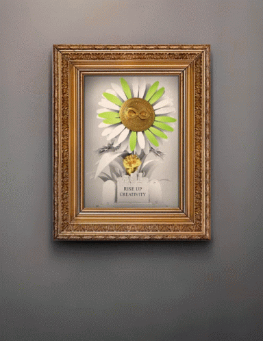 A Framed Picture Of A Flower With The Words Rise Up Creativity On The Bottom GIF