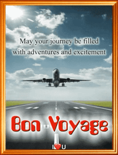 A Framed Picture Of An Airplane Taking Off With The Words " May Your Journey Be Filled With Adventures And Excitement " GIF