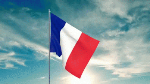 A French Flag Is Waving In The Wind Against A Cloudy Blue Sky GIF
