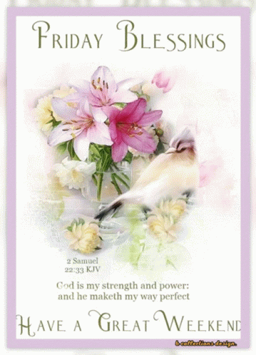 A Friday Blessings Greeting Card With Flowers And A Bird GIF