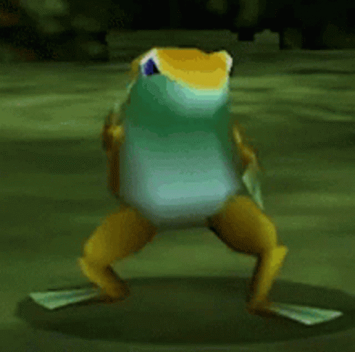 A Frog Is Dancing In A Video Game And Looking At The Camera . GIF