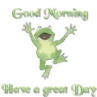 a frog is jumping in the air with the words good morning have a great day below it