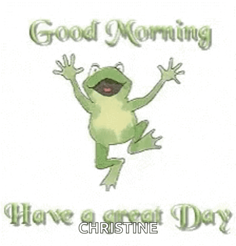 A Frog Is Jumping In The Air With The Words `` Good Morning Have A Great Day '' Written Below It . GIF