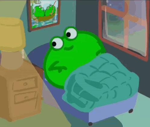 A Frog Is Laying In A Bed With A Picture Of Two Frogs On The Wall GIF