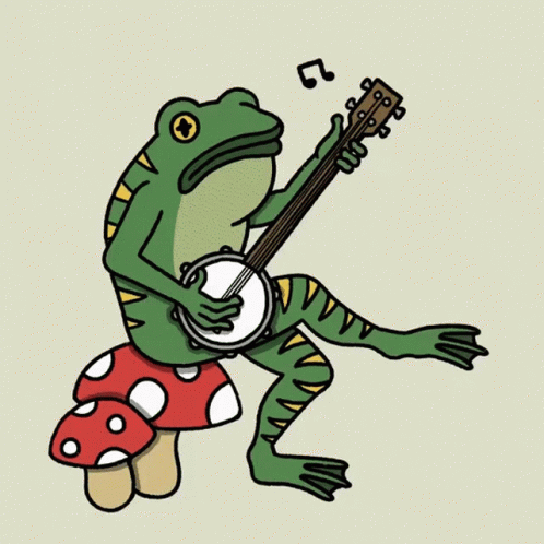 Frog Playing Banjo Sitting On Mushroom GIF