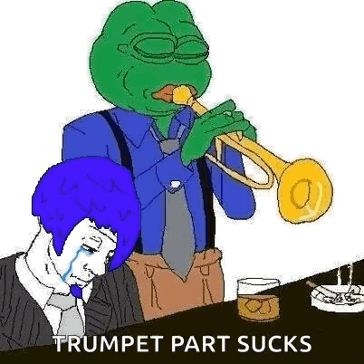 A Frog Is Playing A Trumpet Next To A Man With A Blue Hair . GIF