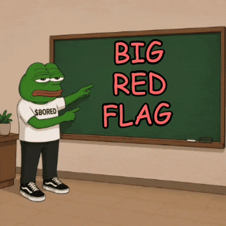 a frog is pointing at a chalkboard with big red flag written on it